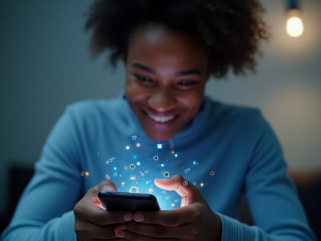 Junge Person nutzt Smartphone für digitale Finanzdienstleistungen in Zaragoza. UI-Elemente fließen von Bildschirm, symbolisierend mobile Kreditbeantragung.